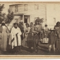 Black and white photograph of Dakota Indians at Williamson home (Pajutazee Mission) near Yellow Medicine, 1862.