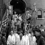 Black and white photograph of a procession in front of St. Mary’s Orthodox Cathedral in Minneapolis, May 4, 1936.
