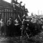 Black and white photograph of Lumberjacks in lumber camp, Rainy Lake & Virginia Lumber Company, ca. 1910. 