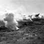 Black and white photograph of mock explosions during war maneuvers at the Officers’ Training Camp, Fort Snelling, 1917. 