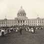 Black and white photograph of the Minnesota Capitol before the installation of the Quadriga, possibly during the dedication ceremony, 1905.