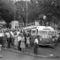 Black and white photograph of Minnesota State Fair-goers at KSTP television cameras of the telemobile, 1947.