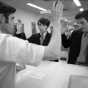 Black and white photograph of Jack Baker and James Michael McConnell applying for a marriage license in Minneapolis, 1970.