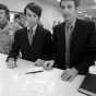 Black and white photograph of Jack Baker and James Michael McConnell applying for a marriage license in Minneapolis, 1970.