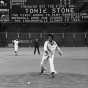 Black and white photograph of Toni Stone throwing out the first ball at a game in San Francisco, c.1965.