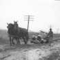 Horses pulling a car out of mud on a dirt road 