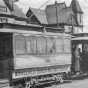 Black and white photograph of the first electric street cars in Minneapolis, c.1889.