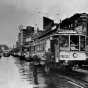 Black and white photograph of the last day of streetcar service in Minneapolis, June 18, 1954.