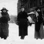 Black and white photograph of women marching with American flags, Street Railway Company strike, 1917.