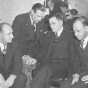 Black and white photograph of Governor Elmer Benson (center right) at a conference with American Gas Machine Company strike representatives in Albert Lea, 1937.  