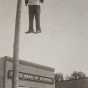 Black and white photograph of effigy of Charles A. Lindbergh hanging in Stanton, c.1918.