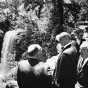 Black and white photograph of President Lyndon Johnson, Senator Hubert Humphrey, Governor Karl Rolvaag and party at Minnehaha Falls.