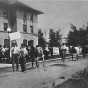 Black and white photograph of a livestock parade at the Northwest Experiment Station’s annual visiting day.