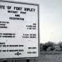 Black and white photograph of a sign marking the site of old Fort Ripley, 1850.