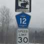 A sign assembly at the start of the Gunflint Trail indicating the Scenic Byway, county road designation, and speed limit. Photograph by Wikimedia Commons user Molandfreak, January 25, 2016. GNU free documentation license 1.2.