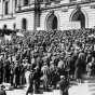 Black and white photograph of farmers storming the Minnesota State Capitol to demand relief, 1933. 