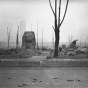 Black and white photograph of building ruins, Cloquet, 1918. 