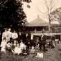 Black and white photograph of people in front of the Valhalla Island Resort pavilion on Lake Shetek, ca. 1920s. 