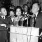 Black and white photograph of Martin Luther King and his wife, Coretta Scott King, with Vice President Hubert Humphrey, c. late 1960s.