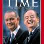 Color image of Vice Presidential nominee Hubert Humphrey with President Lyndon Johnson on the way to a landslide victory, 1964.