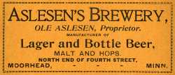 Card advertising Ole Alesen’s Brewery in Moorhead, 1900. From the Fargo and Moorhead Directory―1900 (St. Paul: Pettibone Directory, 1900), 222.