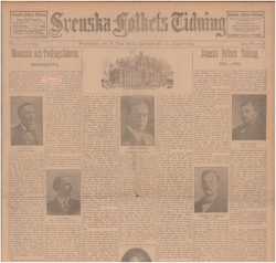 Color image of the August 30, 1905 issue of the Svenska Folkets Tidning, with an article detailing the history of the paper since 1881 on the front page. 