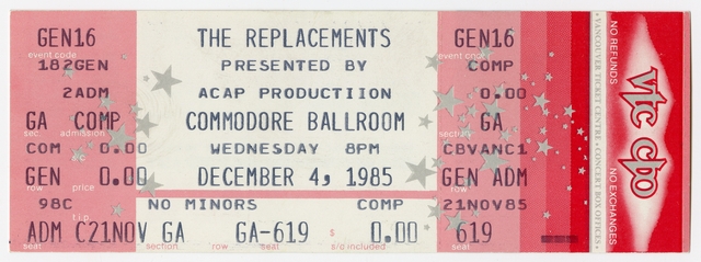 Replacements ticket, 1985