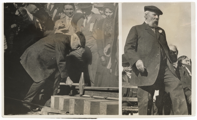 Black and white photograph of James J. Hill, at spike driving celebration extending the Great Northern Railroad, Bend, Oregon, 1911.  