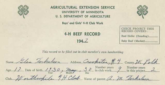 4-H beef record kept by Worthwhile 4-H Club member Glen Torkelson, 1947. 