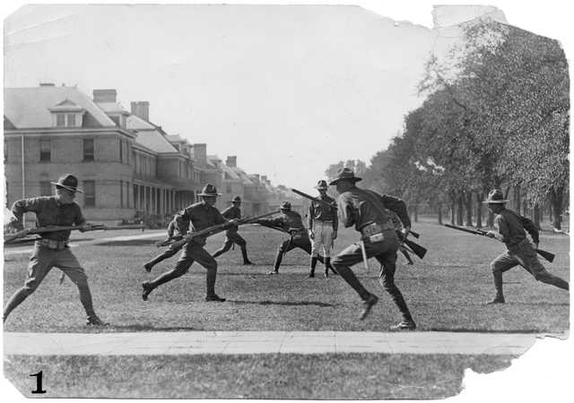 Black and white photograph of bayonet training at the Officers’ Training Camp, Fort Snelling, 1917. 