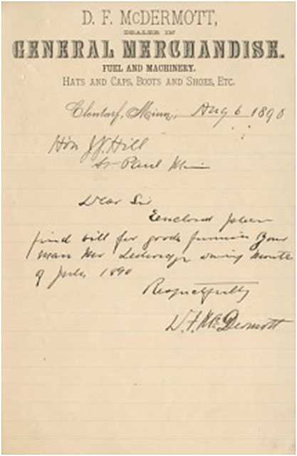 Color scan of a note written from D. F. McDermott to James J. Hill on August 6, 1890, regarding supplies ordered by Mr. Ledwidge of Clontarf Township. Mr. Ledwidge trained Hill’s hunting dogs.