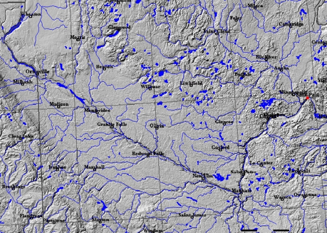 Relief map of lakes and watercourses in Minnesota