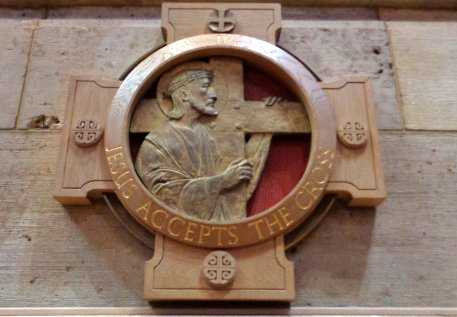 Color image of a station of the cross set on travertine (limestone) inside the St. Paul Cathedral. Photographed by Paul Nelson on July 16, 2014.