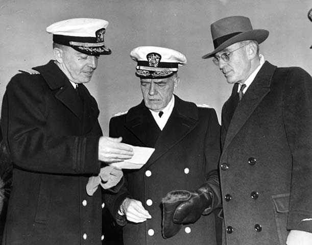 Black and white photograph of William Frederick Hasley with Harold E. Stassen and Edward J. Thye, 1945.