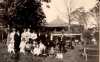 Black and white photograph of people in front of the Valhalla Island Resort pavilion on Lake Shetek, ca. 1920s. 