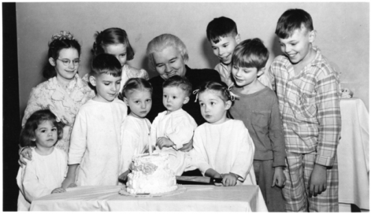 Sister Kenny Institute polio patients help Sister Kenny celebrate Institute's first birthday.