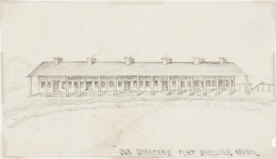 Sketch of soldiers’ barracks at Fort Snelling, c.1862, by Albert Colgrave.