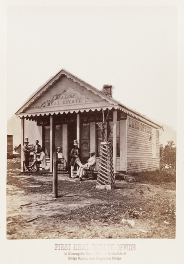 Black and white photograph of the first real estate office in Minneapolis, c.1855.