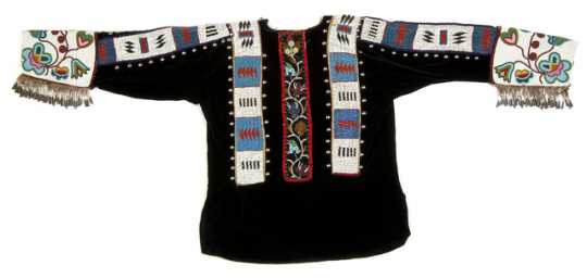 Ojibwe black velvet dance shirt was probably made for Kay-zhe-baush-kung (Otto Bismark) of Walker, Minnesota. Purchased by Neal Barnard at the Leech Lake Reservation ca.1920.