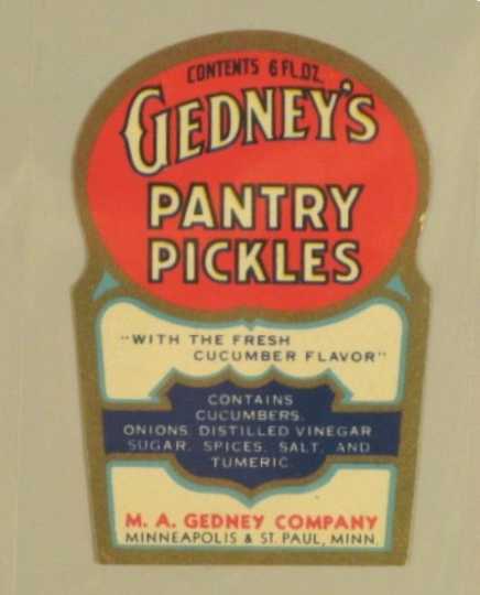 Color image of a Gedney's Pantry Pickles label, c.1935.