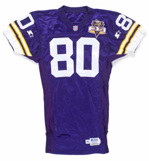 Color image of the home jersey worn by Minnesota Vikings wide receiver Cris Carter in 1995.