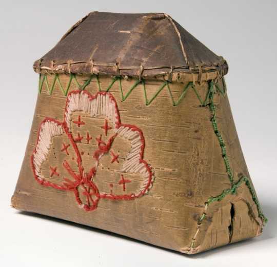 Photograph of maple sugar container made of birchbark