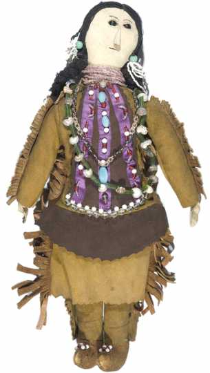 Color image of a doll probably made by Rebecca Bluecloud, an artist from the Upper Sioux Indian Community in Granite Falls, in the 1920s or 1930s.