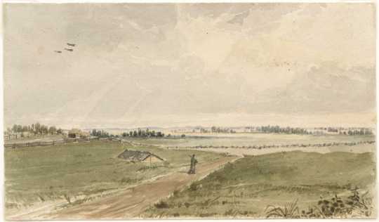 Painting of the prairie just beyond the north side of Fort Snelling, ca.1847. Painting by Seth Eastman.
