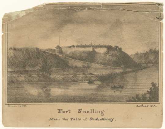 Lithograph of Fort Snelling made by Seth Eastman in 1833, three years before Dred Scott was brought to the post by his owner, George Emerson.