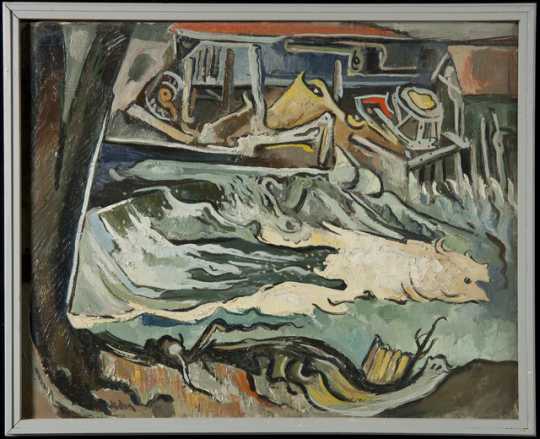 "Upper Lakes Dam and Spillway," oil-on-canvas painting by Elof Wedin, 1967.