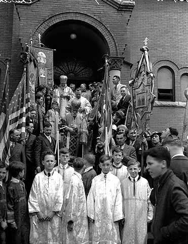 Black and white photograph of a procession in front of St. Mary’s Orthodox Cathedral in Minneapolis, May 4, 1936.