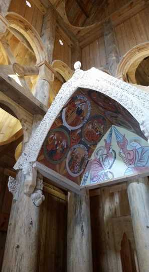 Color image of the baldachin inside the Hopperstad Stave Church replica, April 2, 2017. 