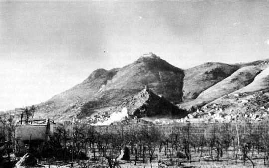 Black and white photograph of Monte Cassino and the Benedictine Monastery, 1943.