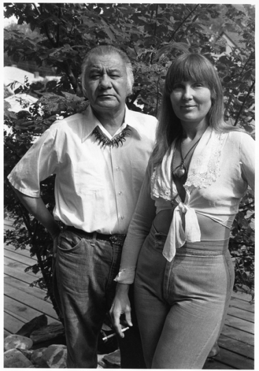 Black and white photograph of George Morrison and Hazel Belvo, 1976.